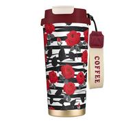 UVBDF Taza de café con diseño de rayas rojas y rosas de acero inoxidable, tapa de fugas, taza térmica para café helado, bebidas calientes