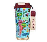 UVBDF Taza de café con mapa de América del Sur con iconos de viaje en acero inoxidable, taza térmica con tapa de fugas para café helado, bebidas calientes