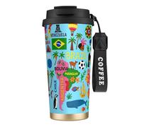 UVBDF Taza de café con mapa de América del Sur con iconos de viaje en acero inoxidable, taza térmica con tapa de fugas para café helado, bebidas calientes