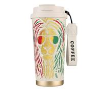 UVBDF Taza de café de viaje con diseño de león con gafas de sol en acero inoxidable, tapa de fugas, taza térmica para café helado, bebidas calientes