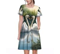 UVBDF White Swans On The Lake Spring - Vestido acampanado para mujer, vestido de manga corta estampado con bolsillos, cintura elástica, falda cómoda para uso diario, Negro, S