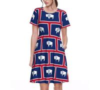 UVBDF Wyoming State Flag Spring - Vestido acampanado para mujer, vestido de manga corta estampado con bolsillos, cintura elástica, falda cómoda para uso diario, Negro, M