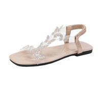 Uwdiohq Sandalias Mujer Cómodas Verano De Playa Para Mujer, Zapatillas Casuales Huecas, Zapatos Planos, Con, Punta Cuadrada, Elásticas Una Tira Sandalia Dorada Plana (White, 43) Barefoot Casa