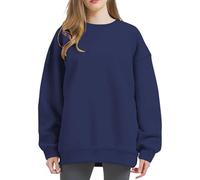 Uwdiohq Sudaderas Deportivas Mujer Sin Capucha Women's Fashionable Casual Solid Color Pullover Sweatshirt Long Sleeved (Navy, M) Sudadera Mama Invierno Roja Navidad Algodon Chaqueta Navideña