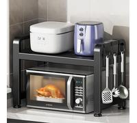Uwenkjie Estante expandible para microondas y horno, estante de almacenamiento para encimera de cocina con 6 ganchos, ahorro de espacio, versión mejorada y gruesa en color negro