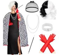 UxClishe Juego de 7 accesorios para disfraz de Cruella, kit de disfraz de Cruella con capa y guantes y peluca para el Día Mundial del Libro