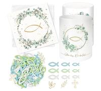 Uxreoib Juego de 40 servilletas de confirmación, 10 pantallas de lámpara, decoración de mesa, 60 peces de madera, decoración de comunión, decoración para niños, niñas, eucalipto, verde, regalos