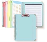 Uxsjakjsd Portapapeles Plegable Azul con Espiral y Bolsa con Cremallera, 5 Carpetas de PláStico con 10 Bolsillos y Bloc de Notas Forrado Recargable.