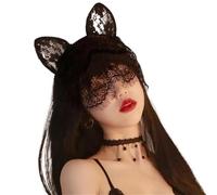 UYFRD Diademas de encaje con orejas de gato, velo, diademas negras, máscara de ojos, anime, gato, niña, cosplay, accesorios para el cabello para mujeres y niñas, Navidad