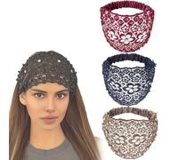 Uyqad Juego de 3 diademas anchas adornadas con cristales y perlas, elegantes cubiertas de encaje floral para mujer (talla única, juego C)
