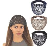 Uyqad Juego de 3 diademas anchas adornadas con cristales y perlas, elegantes cubiertas de encaje floral para mujer (talla única, juego D)