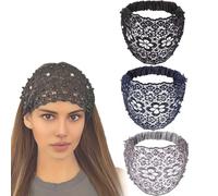 Uyqad Juego de 3 diademas anchas con adornos de cristal y perlas, elegantes cubiertas de encaje floral para mujer (talla única, juego A)