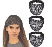 Uyqad Juego de 3 diademas anchas con adornos de cristal y perlas, elegantes cubiertas de encaje floral para mujer (talla única, negro)