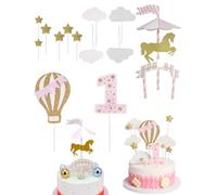 UYRVAPE Juego de 13 adornos dorados y rosados para tarta de primer cumpleaños: inserto para tartas, globo aerostático, estrellas, nubes, carrusel para pasteles, cupcakes y más de 8 a 10 pulgadas