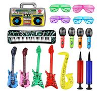 UYUYong 16 Piezas Instrumentos Inflables Rock Colorido Inflable Guitarra Micrófonos Saxofón Inflable Piano Inflable Bajo Inflable Gafas de Radio + Bomba de Aire para Celebraciones Carnaval