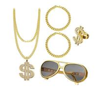UYUYong Kit de Disfraces de Hip Hop Rapper Accesorios Collar de Oro + Anillo de Dólar + Gafas de sol Doradas Pulsera de oro Decoraciones de fiesta Pop de los Años 80 y 90 Fiesta Halloween