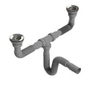 UZMAN Ø70 Sifón doble para fregadero doble, sifón de ahorro de espacio, sifón para fregadero, aplicación flexible, con manguera flexible, doble conexión, diámetro de desagüe Ø 40 mm