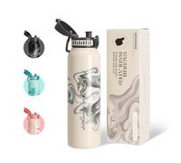 UZSPACE Botella Agua Acero Inoxidable 1L(970ml), Botella Agua Gimnasio con Asa, Doble Pared, A Prueba de Fugas, Apertura de un Clic, Botella Termica para Deporte, Running, Niño (Blanco-Arte)