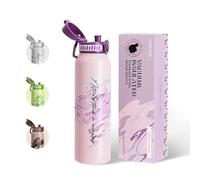 UZSPACE Botella Agua Acero Inoxidable 1L(970ml), Botella Agua Gimnasio con Asa, Doble Pared, A Prueba de Fugas, Apertura de un Clic, Botella Termica para Deporte, Running, Niño (Lila-Arte)