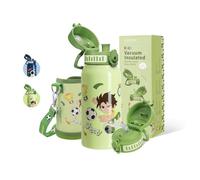 UZSPACE Botella Agua Acero Inoxidable Niños de 600 ml con Funda y 2 Tapas, A Prueba de Fugas, Manejo con Una Sola Mano, sin BPA, Termo con Pajita para Niños, Niñas, Escuela, Guardería (Fútbol Verde)