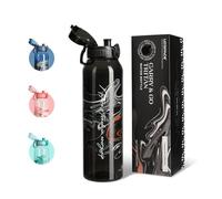 UZSPACE Botella Agua Deportiva, 1 Litro Botella Agua Gimnasio sin BPA, A Prueba de Fugas, Apertura de un Clic, Cantimplora de Plástico con Asa para Bicicleta, Colegio, Running (Negro-Arte)