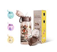 UZSPACE Cantimplora Infantil de 600 ml con 2 Tapas Diferentes, A Prueba de Fugas, Manejo con una Sola Mano, sin BPA, Botella de Tritán con Pajita para Niños, Niñas, Escuela, Guardería (Marrón)