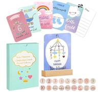UZSUZZ 50 PCS Tarjetas Hitos para Bebé, Piedra Miliar Mensual Papel con Soporte Madera,Juego Tarjetas Hitos para Niños y Niñas para Regalo Bebe Recien Nacido