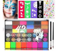 UZSUZZ Pintacaras Infantilm, 42 Colores Pinturas para La Cara con 2 Pinceles, 4 Plantillas, 1 Diamond Stickers, Lavable No Tóxico Pintura Facial y Corporal Niños para Halloween Festival Carnaval