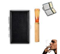 UZYXC 1 Caja de cigarrillos de cuero y metal +1 Boquilla de madera y resina, caja delgada para 20 cigarrillos delgados, boquilla desmontable, estuche portátil para bolsillo de pantalón y camisa