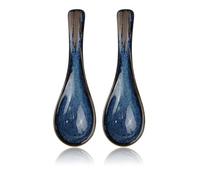 UZYXC 2 juegos de cucharas de sopa asiáticas, cerámica japonesa azul y porcelana china retro - Ideales para ramen, pho, wonton, arroz y guisos líquidos.