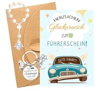 UZYXC Juego de 4 Piezas de Regalo de San Cristóbal para Coche, Colgante para Espejo Retrovisor Rosario y Llavero, Amuleto de la Suerte para Nuevos Conductores con Tarjeta de Felicitación