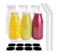 V·Colokishi 6 Botellas de Leche de Vidrio de 250ml Con Tapas, Reutilizables Para Jugo, Mini Botellas, Pajitas, Etiquetas y Bolígrafo de Pizarra Blanca