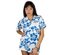 V.H.O. Blusa hawaiana Funky Camisa hawaiana | Mujer | Manga Corta | Bolsillo Frontal | Estampado Hawaiano | Hibisco Flores Floral | Turquesa sobre Blanco | UNICUT, Turquesa sobre blanco, M