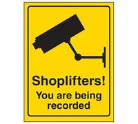 V Safety 6E070AG-RY Letrero de plástico rígido con Texto en inglés Shoplifters You Are Being Recorded, 100 mm x 150 mm, Negro, 100mm x 150mm
