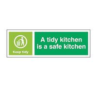 V Safety A Tidy Kitchen Is A Safe Kitchen, Keep Tidy - Paisaje 300 x 100 mm - Señal de seguridad de vinilo autoadhesivo