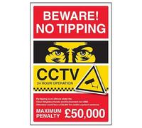 V Safety Beware! No Tipping/CCTV/Fly Tipping Is An Offence/Max Penalty £50.000 450 x 600 mm - Señal de seguridad compuesta de aluminio de 3 mm