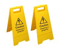 V Safety Caution Cleaning In Progress - Señal de suelo amarilla de doble cara, paquete de 2