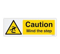 V Safety Caution Mind The Step - Señal de seguridad para paisaje, 300 x 100 mm, 0,5 mm, polipropileno con película de montaje