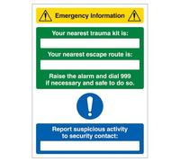 V Safety Emergency Information - Señal de seguridad compuesta de aluminio de 3 mm, kit de trauma cercano/ruta de escape es 450 x 600 mm