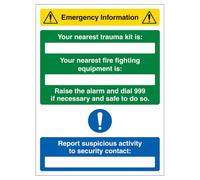 V Safety Emergency Information - Señal de seguridad de plástico rígido de 1 mm con texto en inglés "Nearest Trauma Kit/Fire Equipment Is 300 x 400 mm