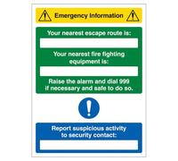 V Safety Emergency Information - Señal de seguridad de plástico rígido de 2 mm con texto en inglés "Nearest Escape Route/Fire Fighting Equipment Is (300 x 400 mm)