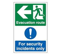 V Safety Evacuation Route Flecha izquierda/Security Incidents Only - Retrato 200 x 300 mm - Señal de seguridad de plástico rígido de 2 mm