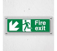 V Safety Fire Exit Flecha abajo Izquierda - 450 x 150 mm - Acrílico Perspex Cast Clear Señal de seguridad