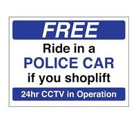 V Safety Free Ride In A Police Car If You Shoplift - Señal de seguridad con efecto de aluminio, color azul, 200 x 150 mm