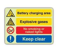 V Safety Glow In The Dark - Área de carga de batería - Gases explosivos - No fumar - Señal «Keep Clear» - 300 x 225 mm - Hecho de plástico rígido doble brillo - Señalización de advertencia de peligro