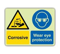 V Safety Glow In The Dark Corrosive - Señal de protección ocular (800 x 600 mm), hecha de plástico rígido de doble brillo, señalización de advertencia de peligro, fabricado en Gran Bretaña
