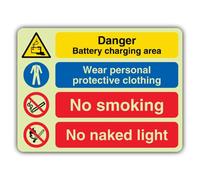 V Safety Glow In The Dark Danger Battery - Wear Ppe - No Smoking - Señal de luz desnuda - 300 x 225 mm - Hecho de plástico rígido de doble brillo - Señalización de advertencia de peligro - Fabricado
