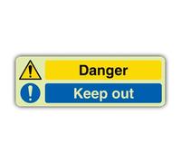 V Safety Glow In The Dark Danger - Señal de doble icono para mantener fuera, formato horizontal, 300 x 100 mm, hecha de vinilo autoadhesivo de triple brillo, señalización de advertencia de peligro