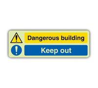 V Safety Glow In The Dark Dangerous Building - Señal de advertencia de peligro - 300 x 100 mm - Hecho de plástico rígido de doble brillo - Señalización de advertencia de peligro - Fabricado en Gran