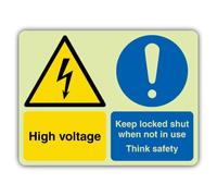 V Safety High Voltage - Señal de seguridad con texto en inglés "Keep Locked | Brilla en la oscuridad, plástico rígido de triple brillo, señalización de advertencia de peligro, fabricado en Gran Bretaña